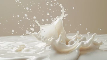 Fotobehang Milk splashes and forms intricate patterns as it collides with a surface © ArtCookStudio