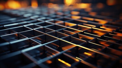 A close-up of a metallic grid with a warm, glowing background
