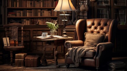 Old-fashioned bookstore corner, stacks of books, reading lamp, leather armchair, tranquil - obrazy, fototapety, plakaty
