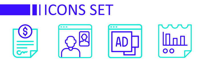 Set line Document with graph chart, Advertising, Video chat conference and Contract money icon. Vector