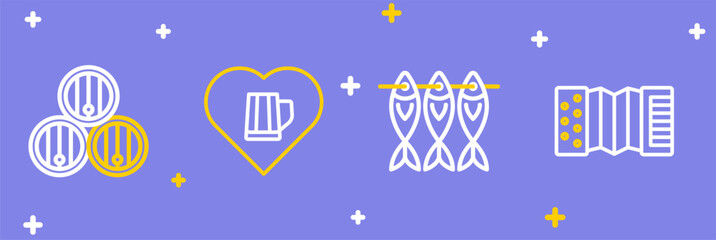 Set line Accordion, Dried fish, Heart with glass of beer and Wooden barrel icon. Vector