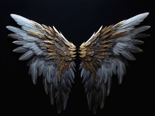 Angel wings isolated on the black background, fantasy feather wings for fashion design, cosplay, and dress up party. - obrazy, fototapety, plakaty