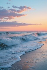 Gentle waves kiss the shore under a pastel-hued sky, evoking tranquility