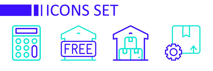 Set line Gear with package box, Full warehouse, Free storage and Calculator icon. Vector