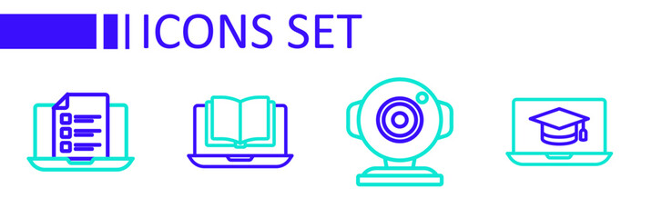 Set line Graduation cap on laptop, Web camera, Online class and quiz, test, survey icon. Vector
