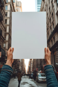 People person hands holding showing blank white empty paper board banner card billboard note board sign on street for text advertising message, protest concept