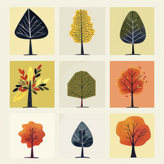Draw illustrations of various types of trees using a nine grid layout.