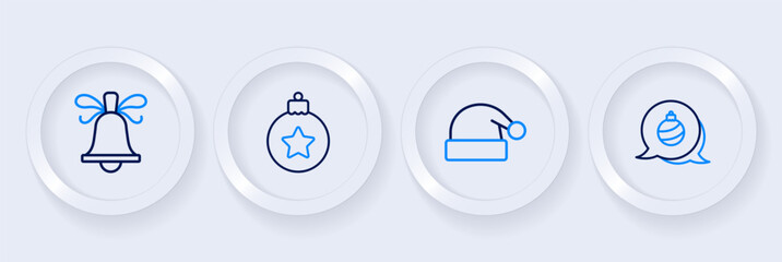Set line Christmas ball, Santa Claus hat, and ringing bell icon. Vector