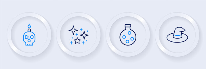 Set line Witch hat, Bottle with potion, Magical glitter particles and Burning candle skull icon. Vector