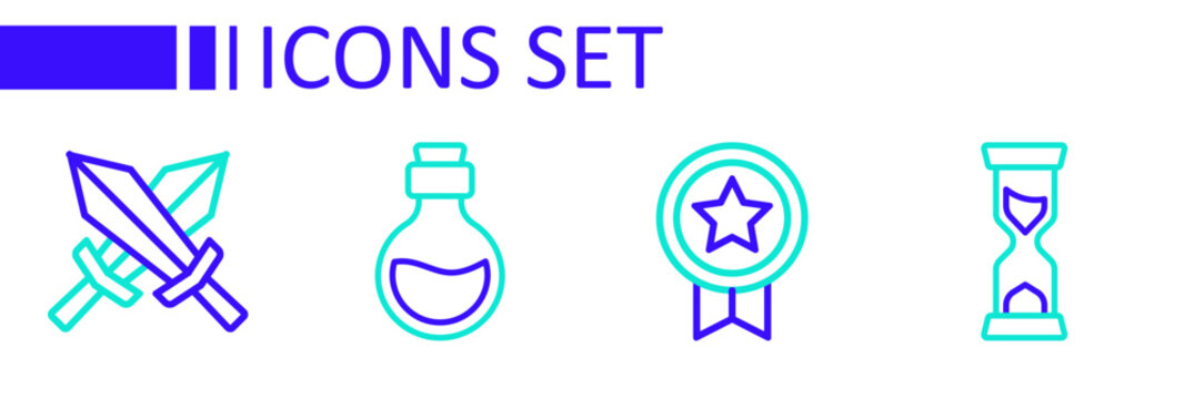 Set line Old hourglass, Game rating with medal, Bottle magic elixir and Sword for game icon. Vector