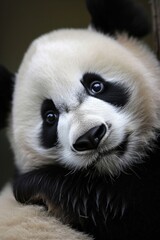 Obraz premium A close-up reveals the captivating gaze of a panda, highlighting its dark eye patches