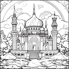 Coloring page of turkish mosque, crescent moons, twinkling stars. Islamic traditional celebration of Ramadan holiday