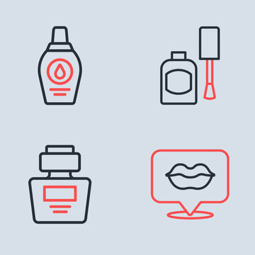 Set line Bottle of nail polish, Perfume, Smiling lips and shampoo icon. Vector