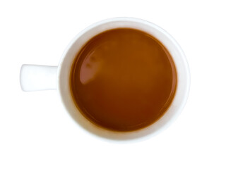 Top view of coffee with milk in a white mug isolated on a transparent background.