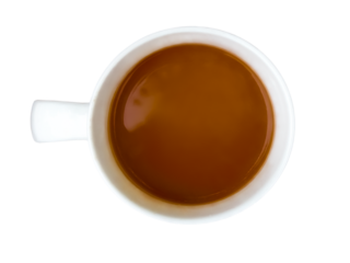 Top view of coffee with milk in a white mug isolated on a transparent background.