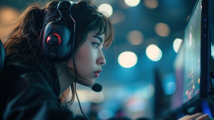 Professional Female Gamer wearing Headphones participating in eSport Tournament