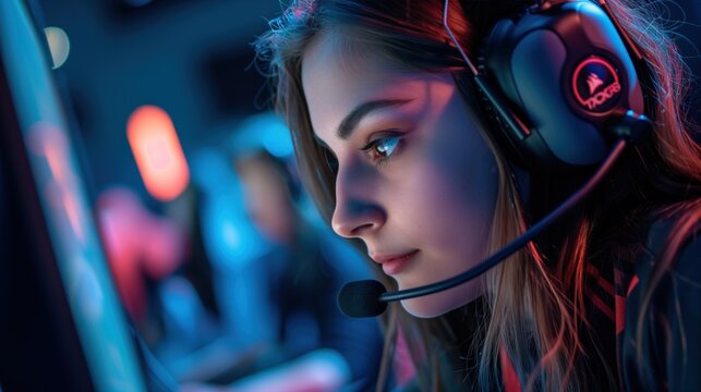 Professional Female Gamer wearing Headphones participating in eSport Tournament