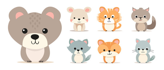 Fototapeta premium Set of flat illustrations of cute cartoon animals on a white background. Vector stylized characters for creating cards and banners. Bears, cats, wolf or dog, tigers