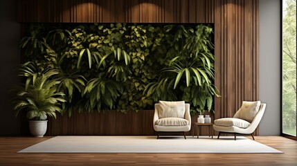 Modern interior with elegant wall decor and lush greenery on a wooden floor