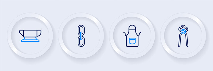 Set line Blacksmith pliers tool, apron, Chain link and anvil icon. Vector