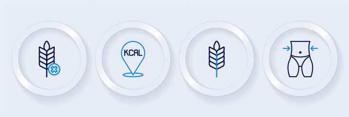 Set line Women waist, Wheat, Kcal and Gluten free grain icon. Vector