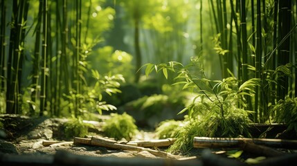 Obraz premium Verdant bamboo grove with sunlight filtering through the tall green stalks