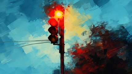 Watercolor digital art of a traffic signal, vivid red against a calming blue sky