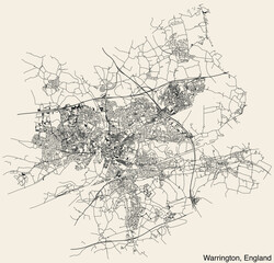 Detailed hand-drawn navigational urban street roads map of the United Kingdom city township of WARRINGTON, ENGLAND with vivid road lines and name tag on solid background