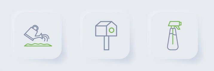 Set line Garden sprayer for water, Bird house and Watering can icon. Vector