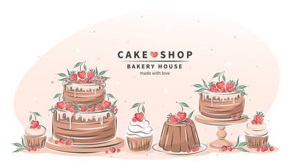 Cake shop. Set dessert and pastry dishes. Different cakes. Vector illustration