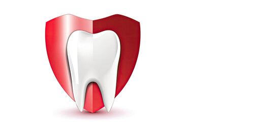 Large white tooth on a red shield background. Oral hygiene product advertising banner concept.