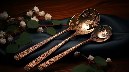 Vintage gold spoon with engraved floral pattern on a dark background