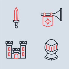 Set line Trumpet with flag, Castle, Medieval helmet and sword icon. Vector