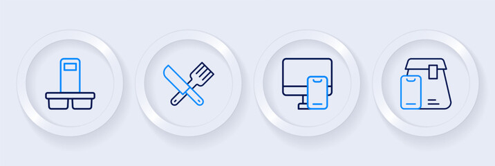 Set line Online ordering food, Crossed knife and fork and Coffee cup to go icon. Vector
