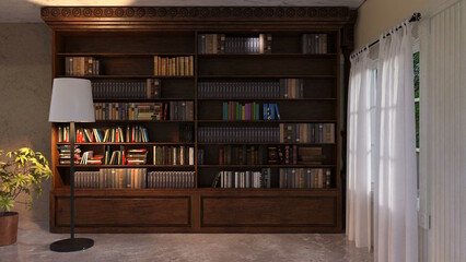 テレビ会議背景用 ZOOM会議背景用 CG 白い壁の部屋 白いカーテン 部屋 本棚 書棚 書斎 ランプ video conferencing 3D CG Rendering Images