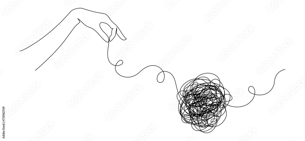 Aufkleber Continuous one line drawing of mental health concept with hand and tangled ball. Symbol of confused mind and problems and support to untangle knot in simple linear style. Doodle Vector illustration