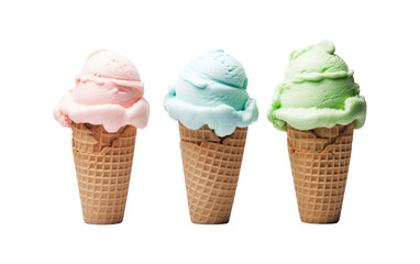 Ice cream scoops in green pink blue on cone Isolated on a Transparent Background PNG.