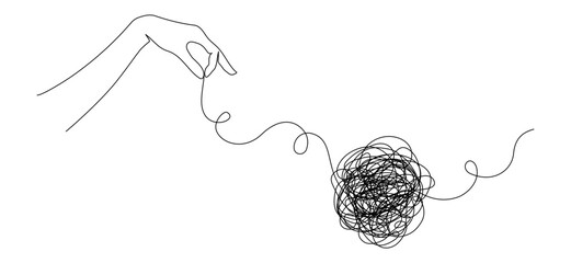 Continuous one line drawing of mental health concept with hand and tangled ball. Symbol of confused mind and problems and support to untangle knot in simple linear style. Doodle Vector illustration - obrazy, fototapety, plakaty