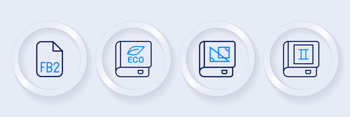 Set line Book, about geometry, ecology and FB2 File icon. Vector