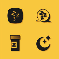 Set Sleepy, Moon and stars, Sleeping pill and icon with long shadow. Vector