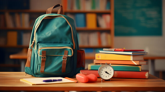 Back to school concept. Full turquoise school backpack with stationary on table.