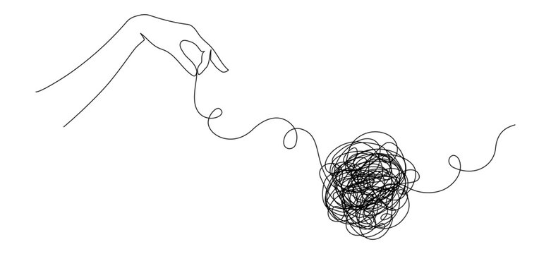 Continuous one line drawing of mental health concept with hand and tangled ball. Symbol of confused mind and problems and support to untangle knot in simple linear style. Doodle Vector illustration
