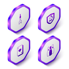 Set Isometric Dart arrow, Chess, Playing cards and Bowling pin icon. Purple hexagon button. Vector