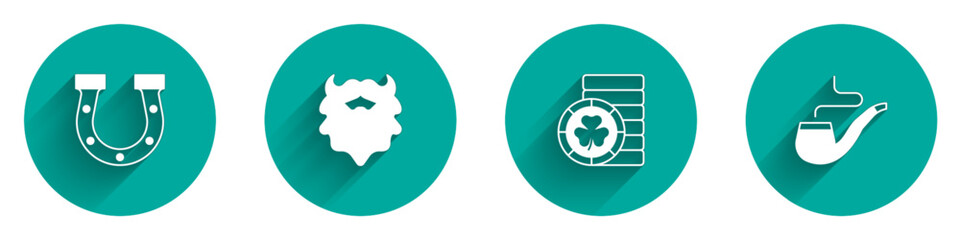 Set Horseshoe, Mustache and beard, Golden leprechaun coin and Smoking pipe icon with long shadow. Vector