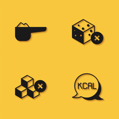 Set Sports nutrition proteine, Kcal, No sugar free and icon with long shadow. Vector