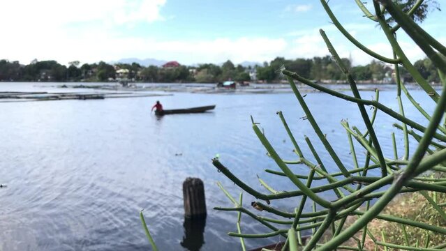 unrecognizable boatman is rowing his bamboo fishing boat across the lake, obstructed by mistletoe cactus. Blurs, Selective focus