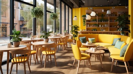 Fototapeta na wymiar cozy cafe setting with circular tables and yellow chairs, inviting morning ambiance