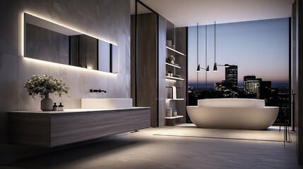 Minimalist bathroom design with clean lines, marble textures, and tranquil lighting