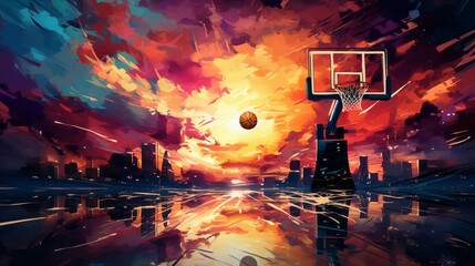 an evening basketball game with a vibrant hoop - obrazy, fototapety, plakaty