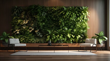 Modern interior with elegant wall decor and lush greenery on a wooden floor